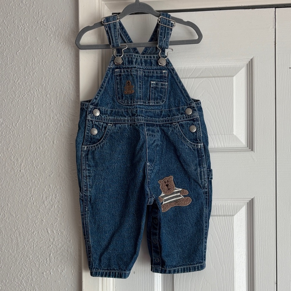 VINTAGE 1999 Baby GAP Blue Denim Overalls with Embroidered Bear Patches